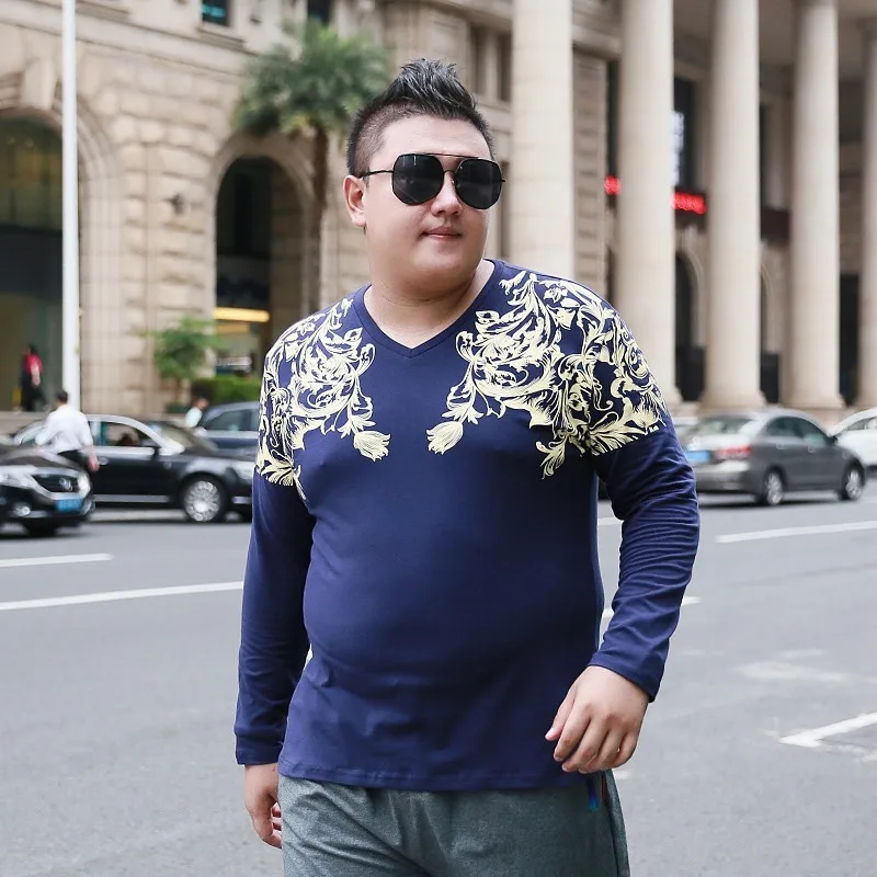 Cotton Big Size 7XL Casual T-shirts Men Long Sleeve Printed Flower Design Loose Fit V-neck T-Shirt Mens Tops Streetwear Clothing | Мужская