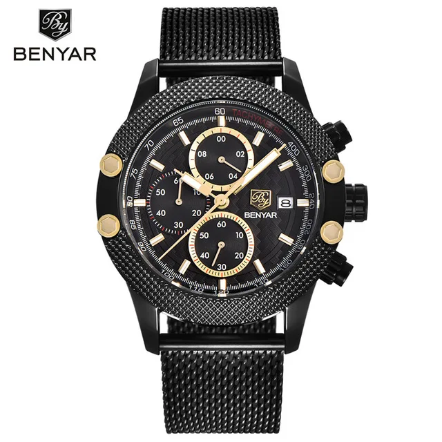 Steel Gold Black BENYAR часы Мужские Спортивные Хронограф модные часы мужские сетчатый резиновый ремешок водонепроницаемые повседневные кварцевые часы золотые Saat - Цвет: Steel Gold Black