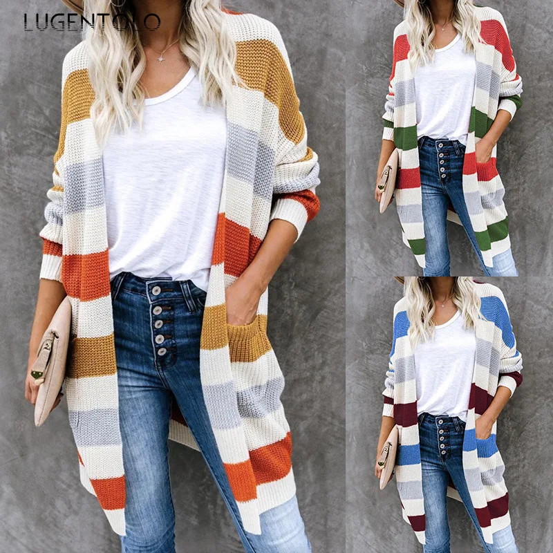 

Lugentolo Women Cardigan Sweater Casual Autumn Winter Striped Stitching New Long Color Matching Pocket Lady Knitted Sweater