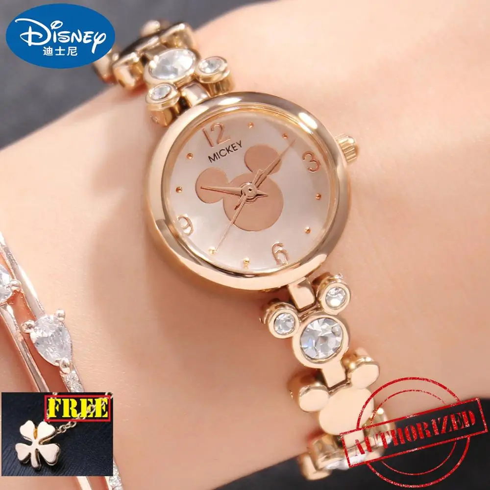 

Роскошные женские модные часы Стразы с изображением Микки Мауса, золотистые, серебристые, стальные часы, женское платье Диснея, красивые ча...