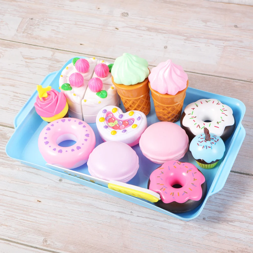 

17PC Toys Simulation Cake Donuts Cookies Ice Cream Set Cutlery Dessert Interaction Toys Cuts for Children（Blue）