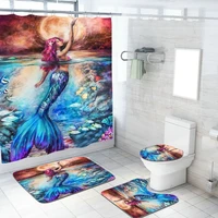 bathroom shower curtain set 4 pctoilet lid cover anti slip soft rugs cartoon animals mermaid with beautiful tail bath mat kids