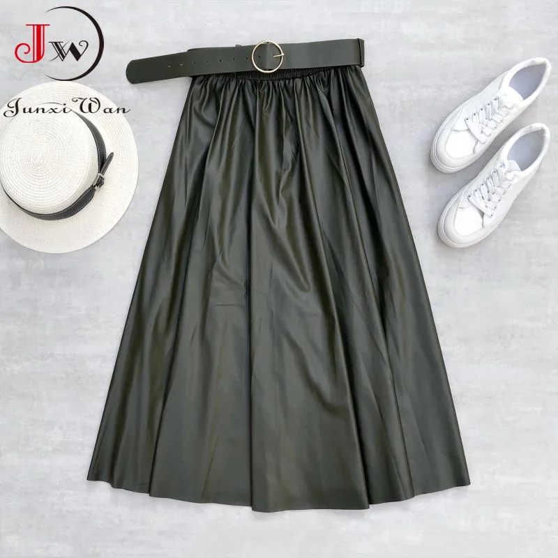 

Women Pleated Skirt PU Leather Skirt Fashion Autumn Winter Solid High Waist Mid-Length Elegant Office Ladies Long Skirt