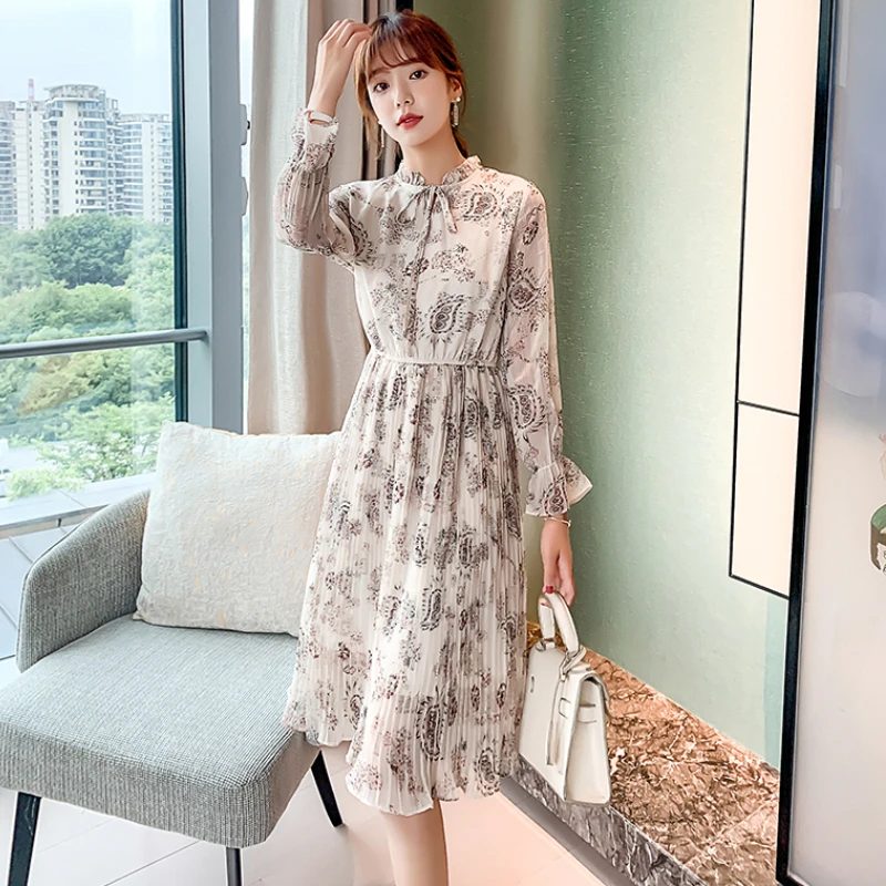 

Women High Waist Chiffon Dresses for Autumn Long Sleeve Bow Ruffle Neck Pleated Long Dress Female Elegant Floral Printed Vestido