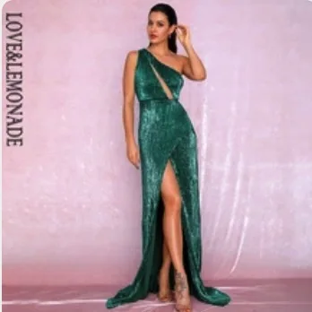 GREEN LOVE&LEMONADE Sexy One Shoulder Cut Out Green Cross Split Sequin Bodycon Maxi Dress LM81952 Autumn/Winter - Цвет: GREEN