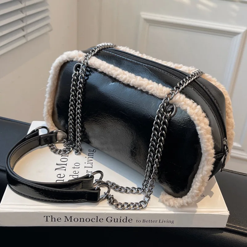 

Fashion Women Chain Shoulder Bag PU Leather Lamb Hair Crossbody Handbag Luxury Designer Female Messenger Bags Phone Purses