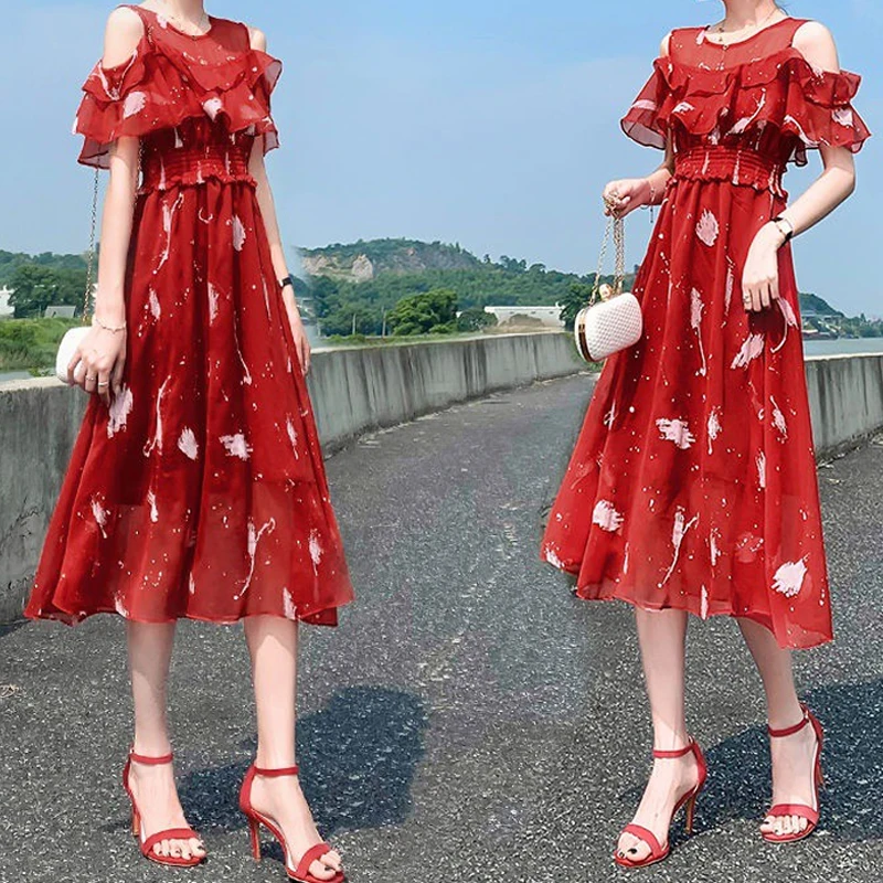 Женское шифоновое платье с цветочным принтом вечерние тыми плечами и коротким