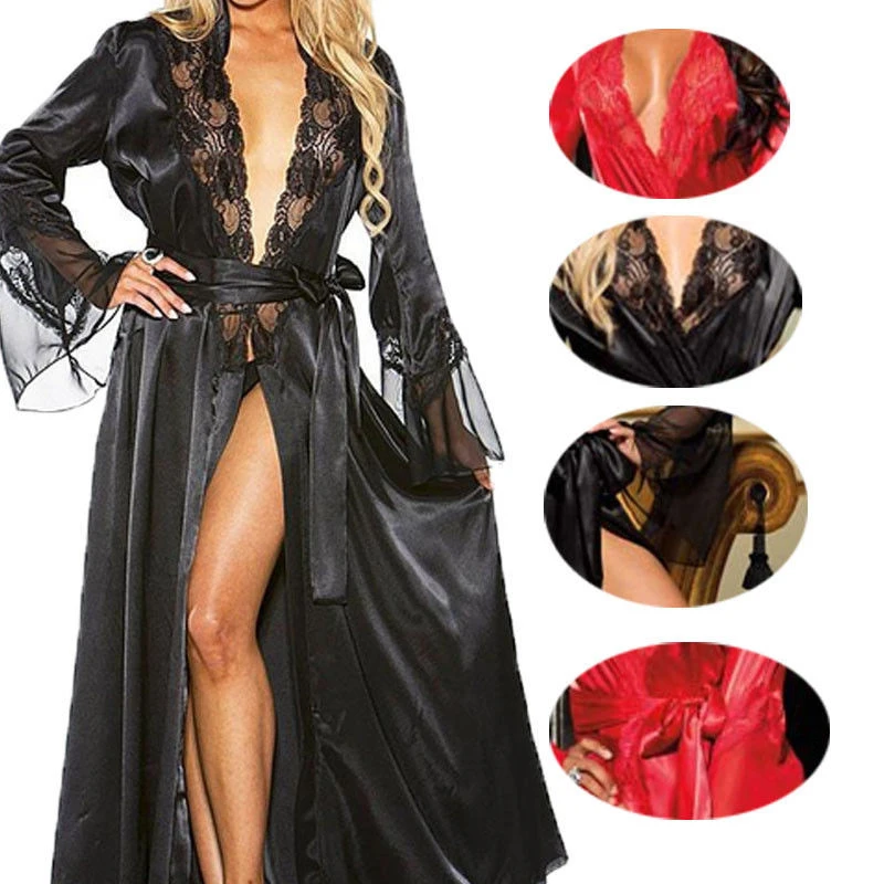 

1Set Womens Sexy Long Kimono Dress Lace Bath Robe Lingerie Gown Ice Silk Solid Color Nightdress Nightwear Plus Size Nightgown