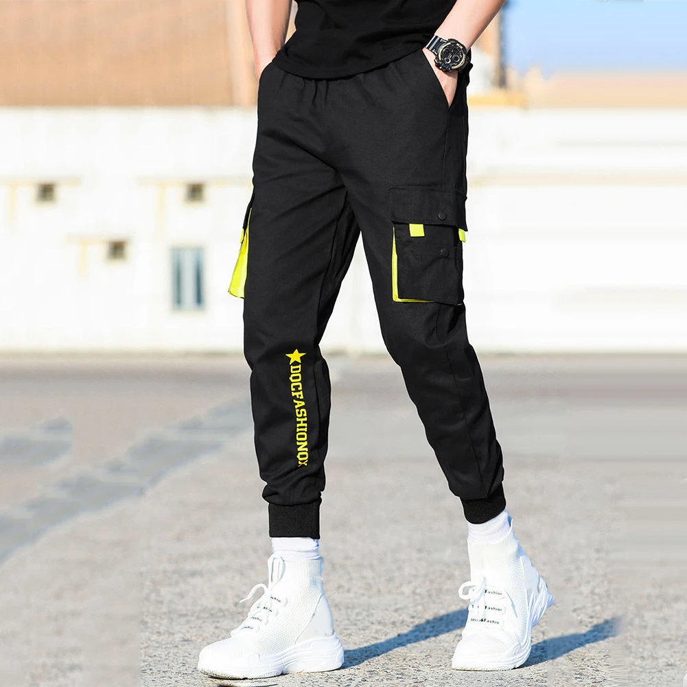 

Casual Pants Men Breathable Elastic Ankle Tie Pocket Drawstring Cargo Pants Ninth Trousers Hip Hop Punk Casual Male Streetwear