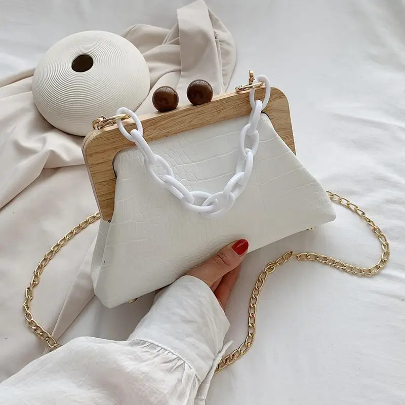 

Stone Pattern PU Leather Clip Bag For Women 2021 Small Acrylic Chain Shoulder Lady Shell Crossbody Fashion Handbags