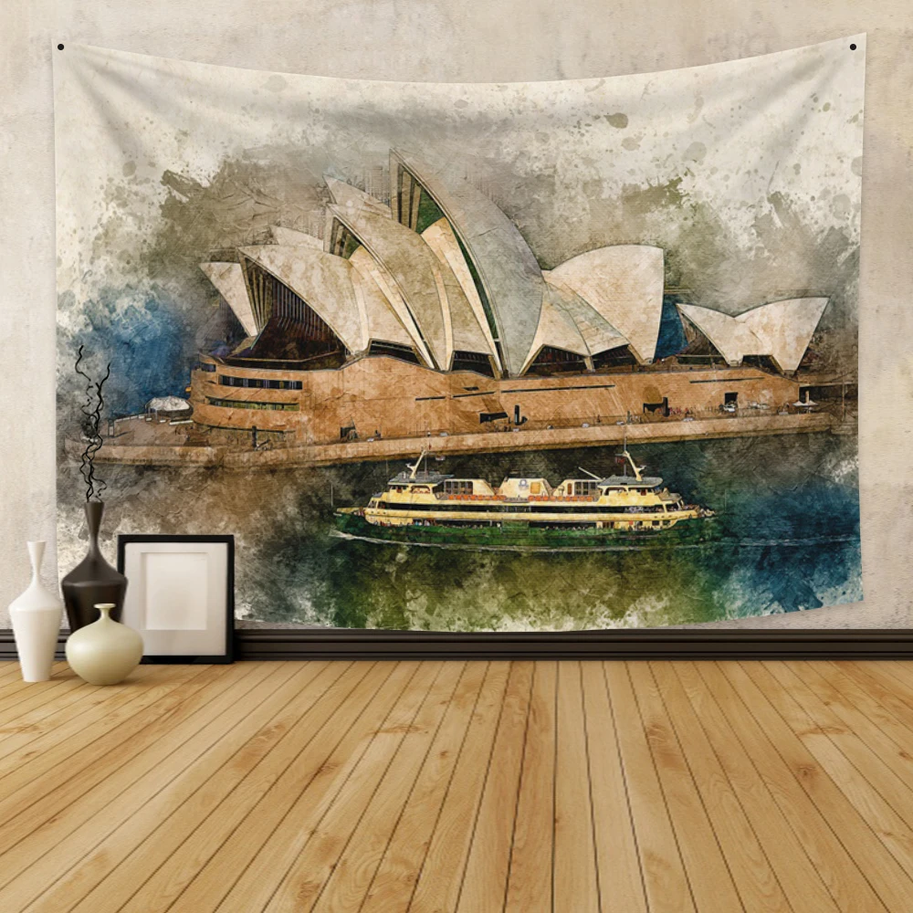 Коврик с изображением Сиднейской оперы в стиле акварели "Cassisy Tapestry" для оформления стены.
