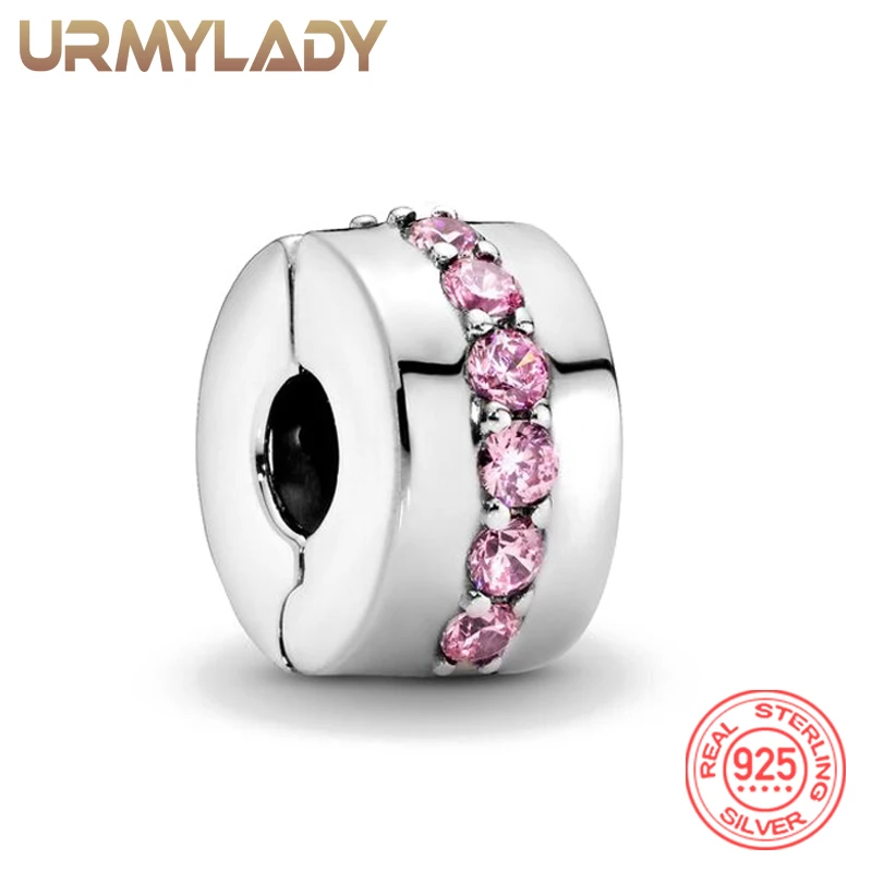 

URMYLADY 925 Sterling Silver Round Pink Zircon Charm Pendant Bead Bracelet For Women Wedding Party Jewelry