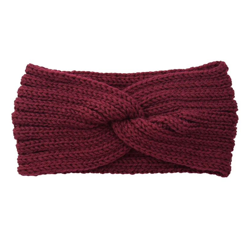 Wine Red Headband Зимняя повязка на голову с ушками для женщин/девочек, одноцветная лента для волос, теплая вязаная повязка на голову, эластичная модная резинка для волос, аксессуары для волос - Цвет: Wine Red Headband