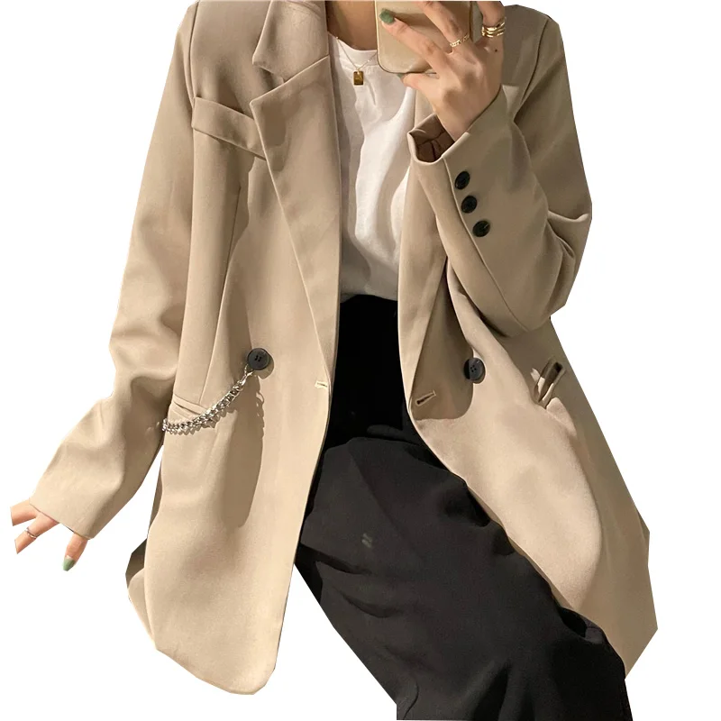 

2021Women's Spring Autumn New Suit Coat Thin Outerwear Women Overcoat Casual Chain Double-Breasted Blazer Vintage Jacket Stylish