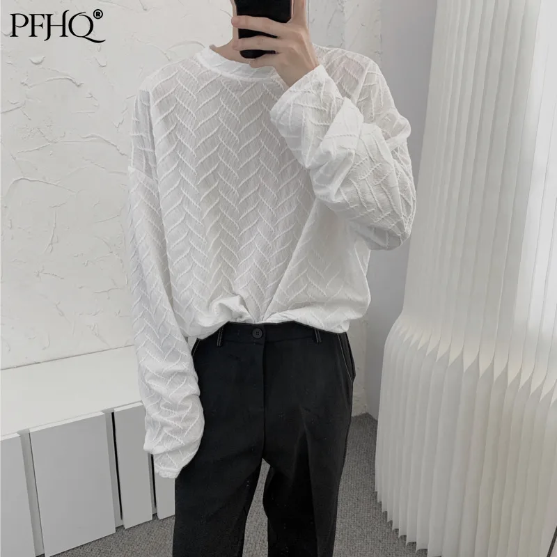 

PFHQ 2021 New Men's Fashion Loose White Homemade Round Neck Korean stripe Casual Long Sleeve T-shirt Autumn Winter 21E4825
