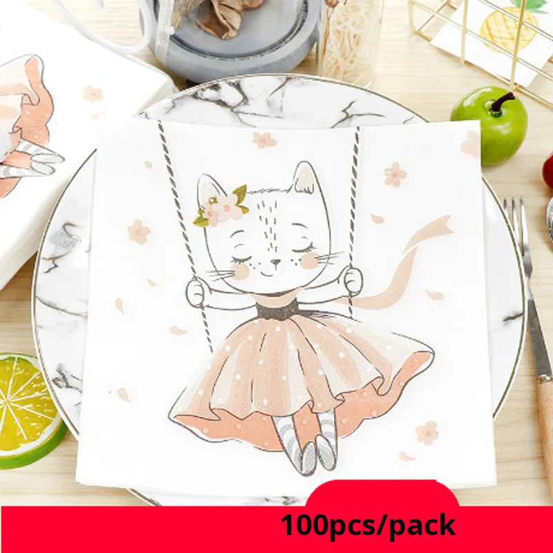 100 Граф Бумага салфетки для завтрака с рисунком в виде котиков день рождения