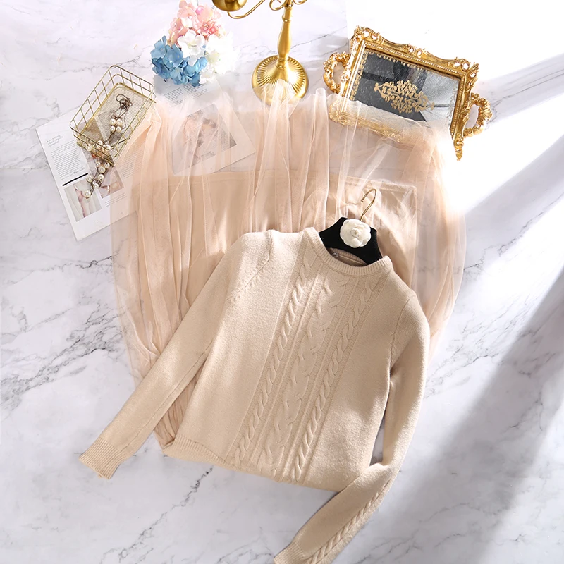 Осенне-зимнее элегантное платье-свитер Mori Girl с круглым вырезом сетчатые женские