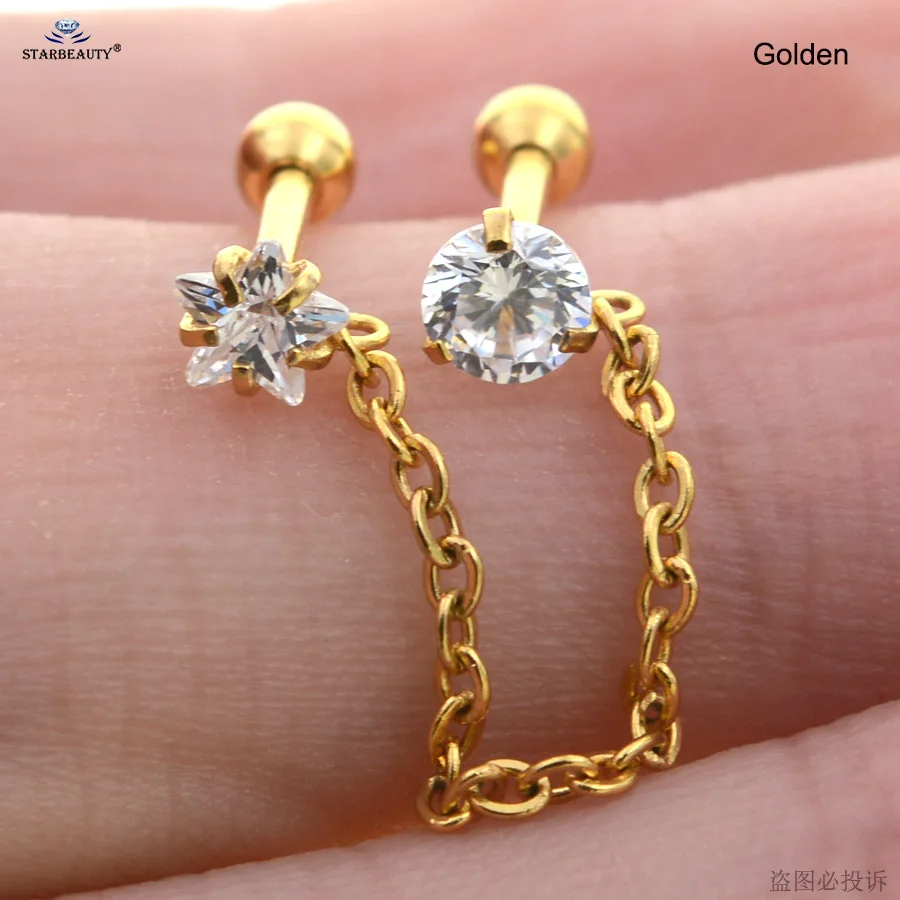 Golden 1,2*6 мм круглый белый драгоценный камень звезда трагус пирсинг спираль пирсинга хрящей серьги из нержавеющей стали кисточкой кольцо для носа и уха пирсинг - Окраска металла: Golden