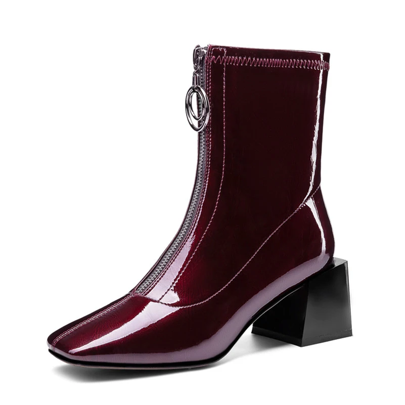 

FOREADA Real Leather High Heel Woman Boots Square Toe Ankle Boots Block Heel Shoes Zip Ladies Short Boots Autumn Winter Black 41