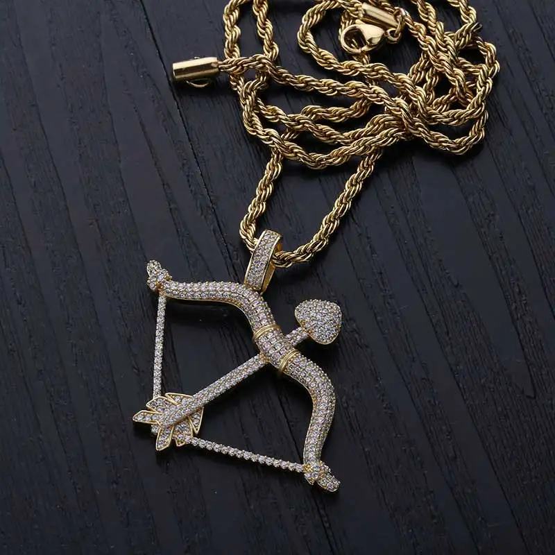 

New Designed Iced Out Bow & Arrow Pendant Solid Back Necklace Hip Hop Gold Silver Color Mens/Women Charm Pendant Necklace