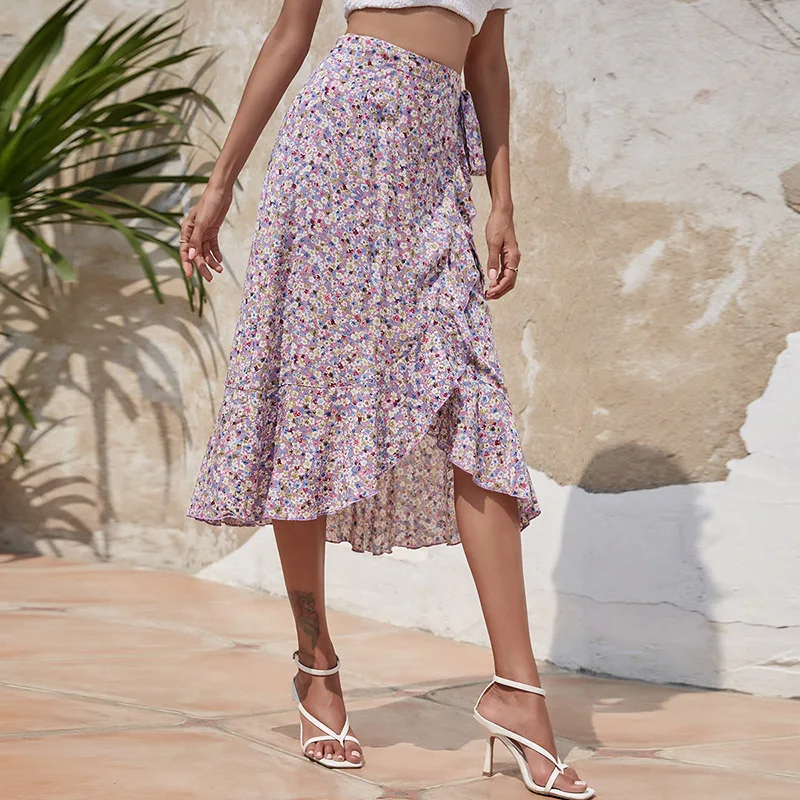 

Casual Loose Ruffles Floral Skirt A-line Lace-up High-Waist Skirts Sweet Ruffles Mid-calf Women Skirts Summer Skirt Women 2021