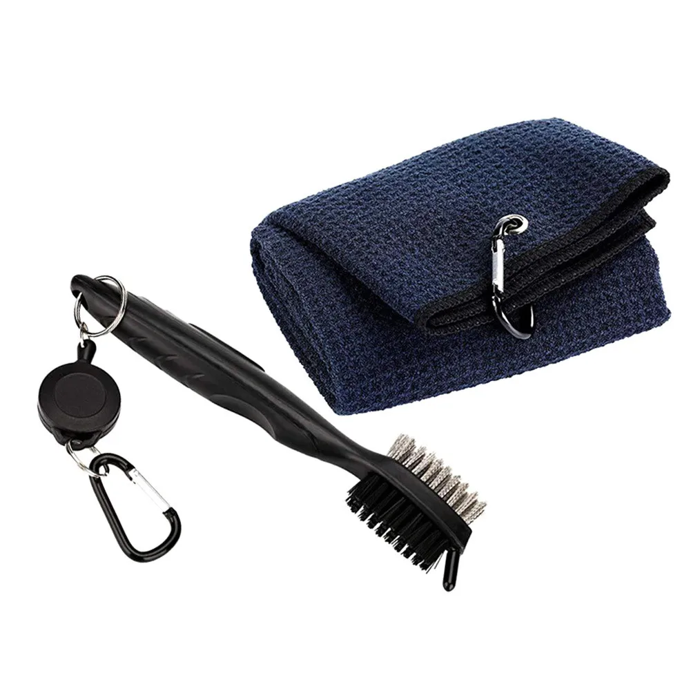 

Microfiber Tri-fold Golf Towel Brush Tool Golf Cleaning Kit With Clip Hook Cleaning Brush