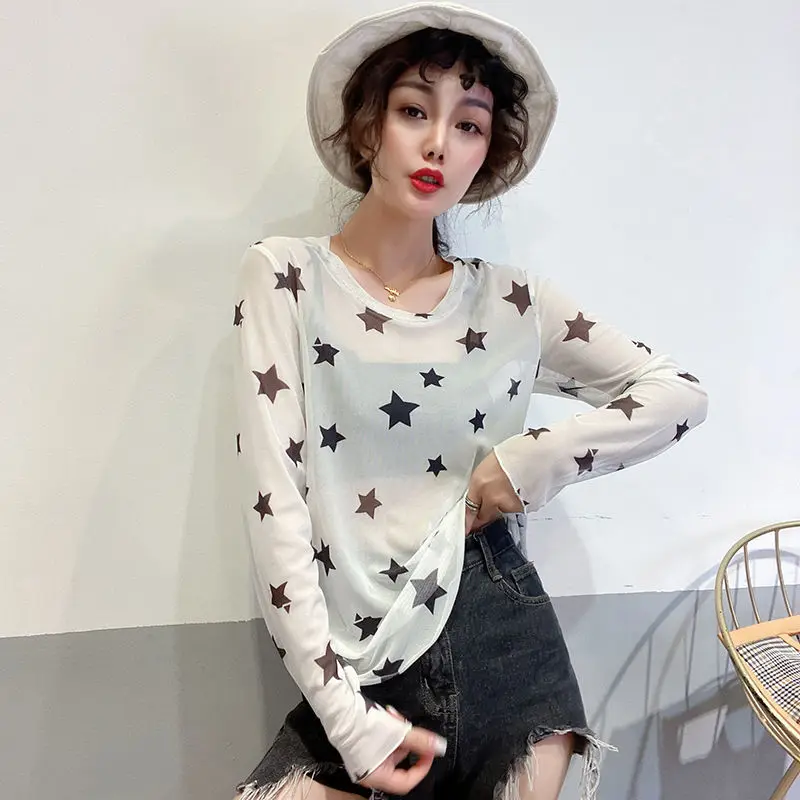 

2021 Spring and Summer New Print Screen Top Women's Long Sleeve Sunscreen Inner Layer Bottom T-shirt Outer Thin