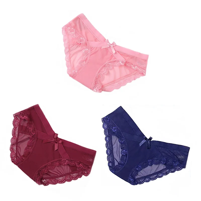 Pink Blue Burgundy 3 шт./компл. сексуальные кружевные женские трусики хлопковые белье прозрачные сетчатые трусы для девушек Красота лук с низкой посадкой, мужское нежнее бельё - Цвет: Pink Blue Burgundy