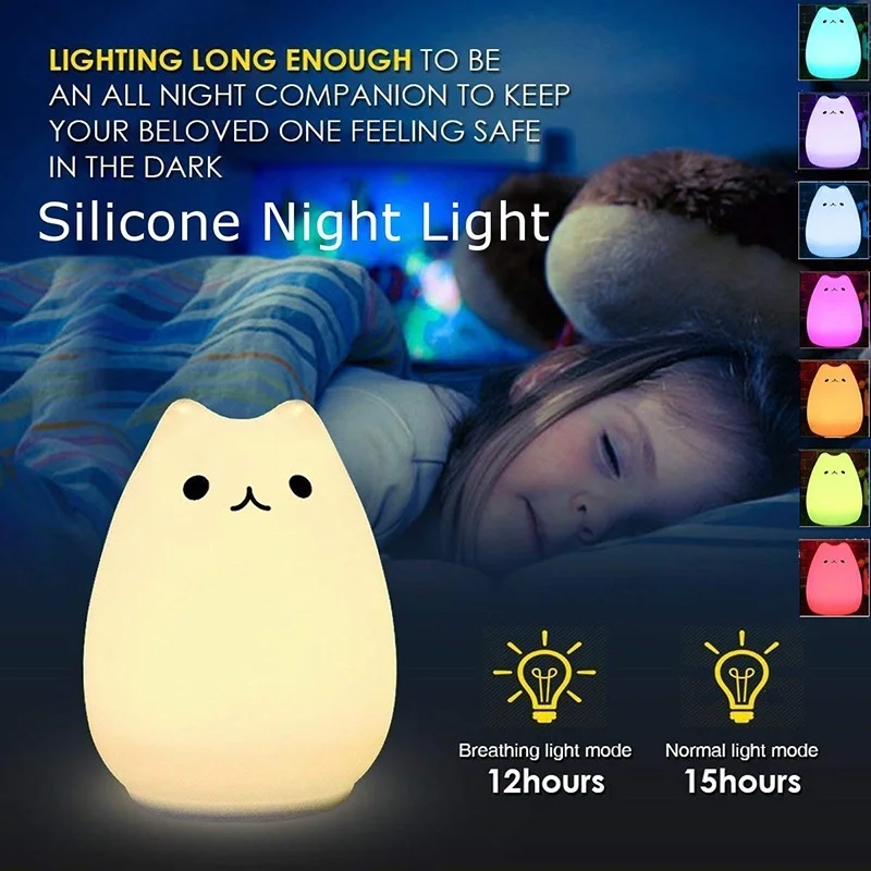 

Cute LED Night Light Silicone Touch Sensor 7 Colors Cat Night Lamp Kids Baby Bedroom Desktop Decor Ornaments Battery/USB Charge