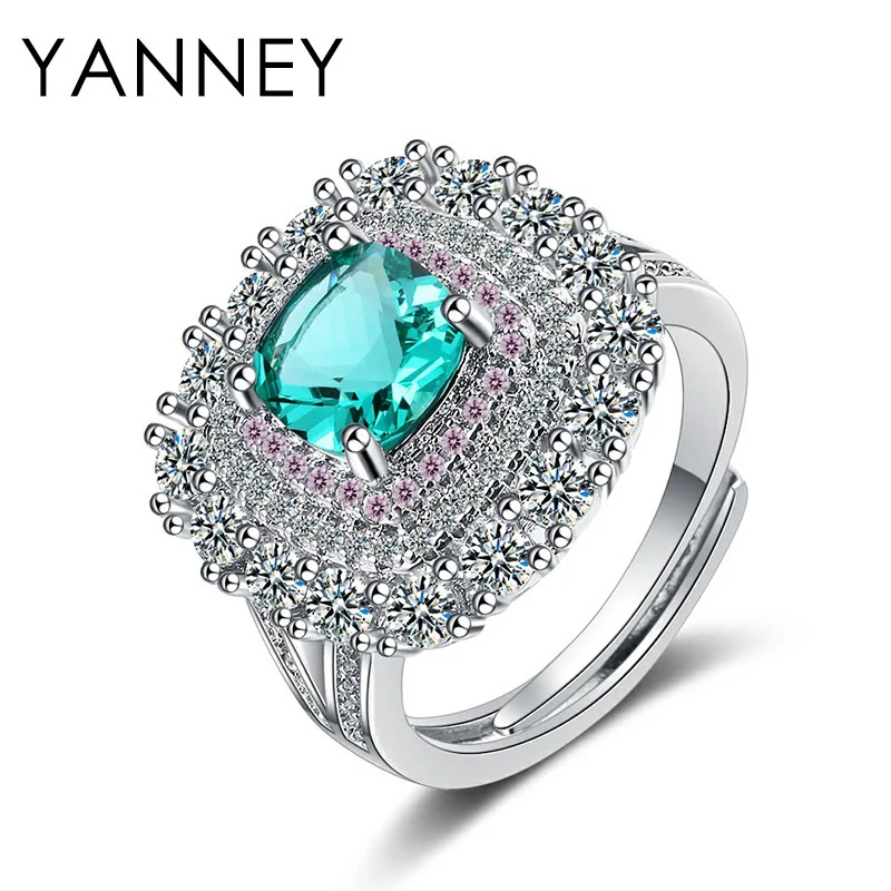 

YANNEY Hot Sale 925 Sterling Silver Large Square Ring Fine CZ Zircon Open Ring For Woman Fashion Wedding Party Gift Jewelry
