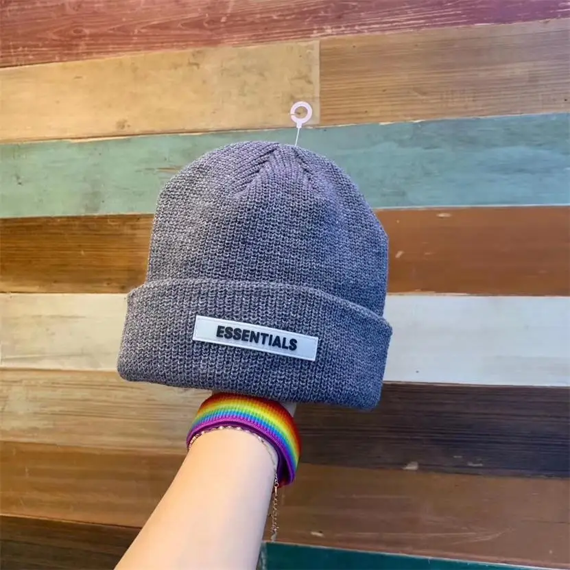 Gray Beanie Winter Hats For Women Ladies Men Brimless Watch Docker ESSENTIALS Skull Cap Bonnet Autumn Knitted Hip hop Skullies Cuffed - Color: Gray