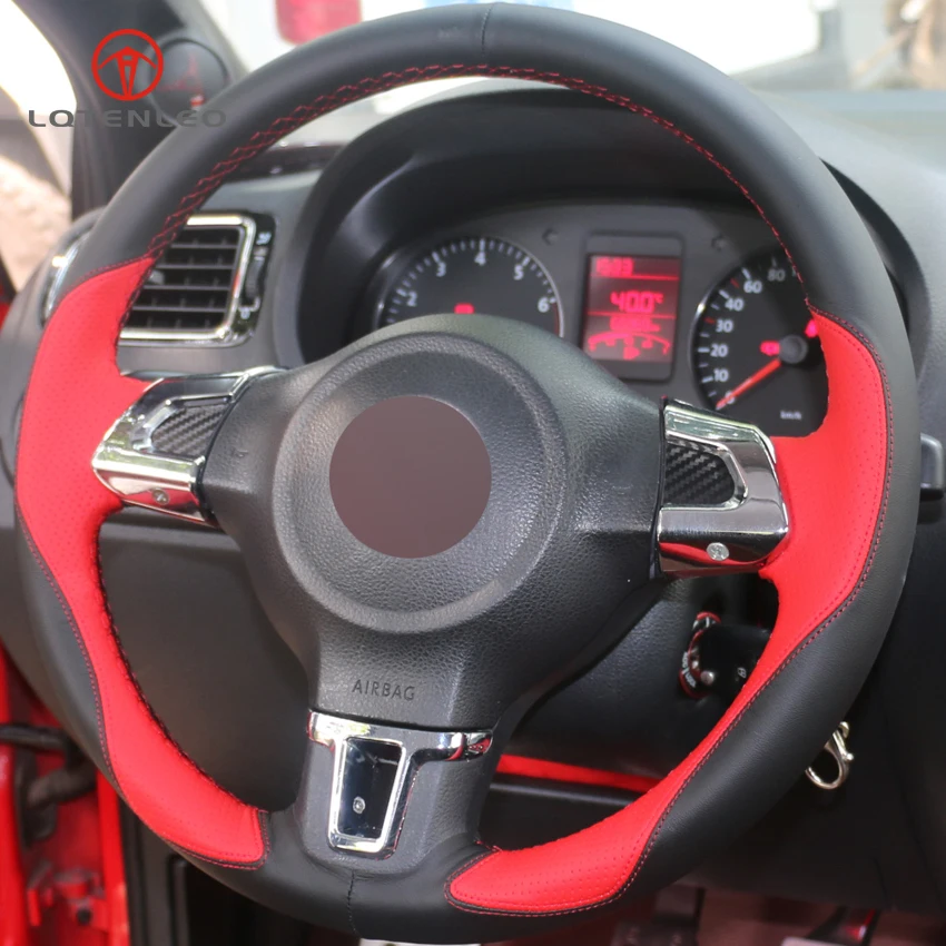 

LQTENLEO Black Red Leather DIY Hand-stitched Car Steering Wheel Cover for Volkswagen vw Golf 6 Mk6 Jetta 6 Polo 2011-2014