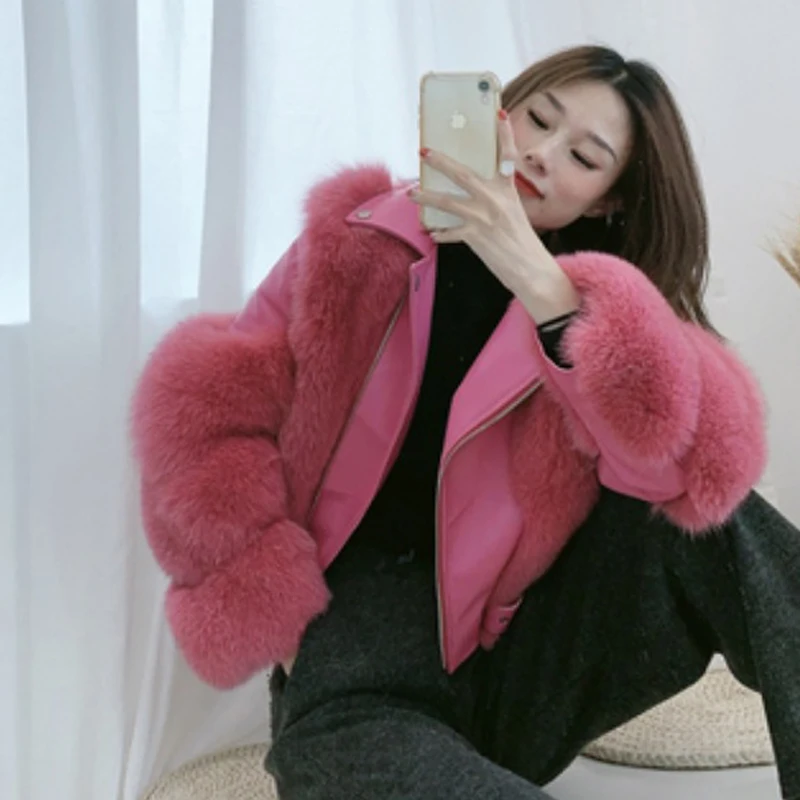 Real Fox Fur Coats with Genuine Sheepskin Leather Wholeskin Natural Fur Jackets Outwear Luxury Black Women 2021 Winter Clothes