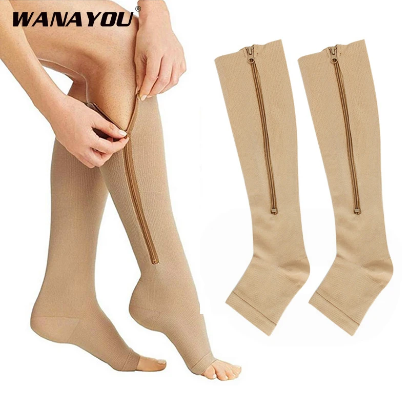 Компрессионные носки на молнии женские тонкие для сна красивые с открытым носком