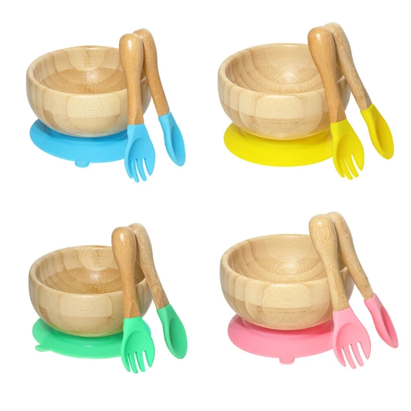 

Baby Feeding Bowl Bamboo Tray Dinner Plate with Silicone Suction Cup Spoon Fork Set Utensil Dishes Tableware Kit