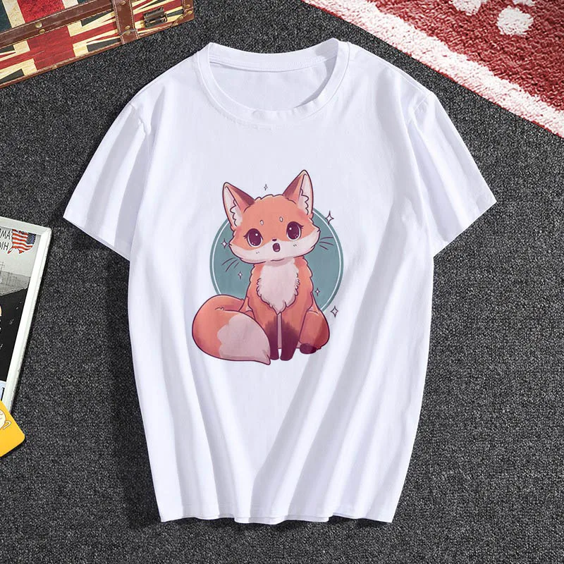 Женская хипстерская футболка Lus Los Cute белая с коротким рукавом и принтом лисы