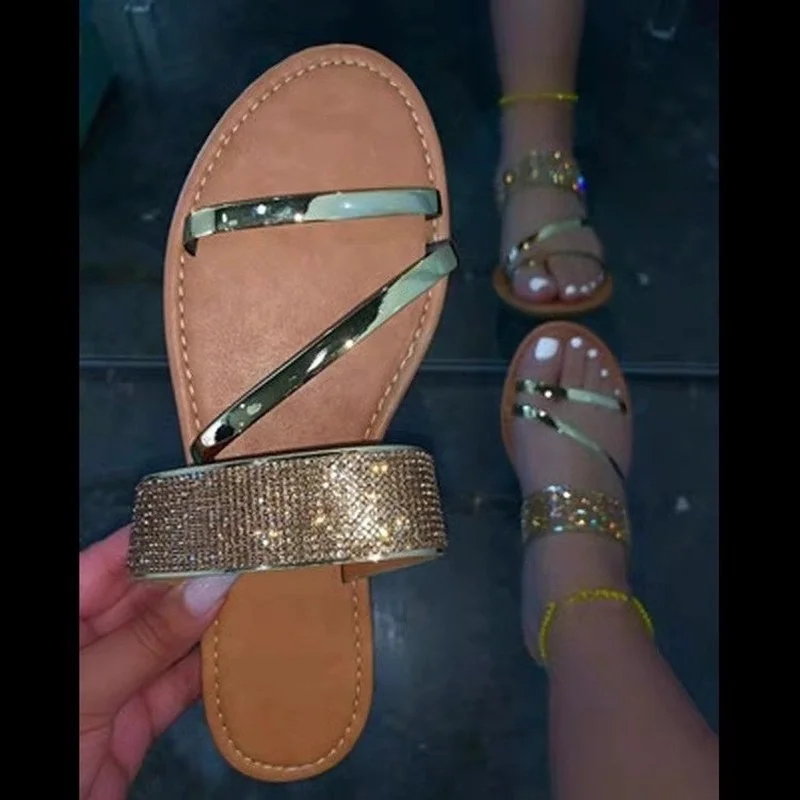 

Женские Летние римские стразы на плоской подошве, женские уличные тапочки большого размера, женские сексуальные пляжные тапочки на плоской...