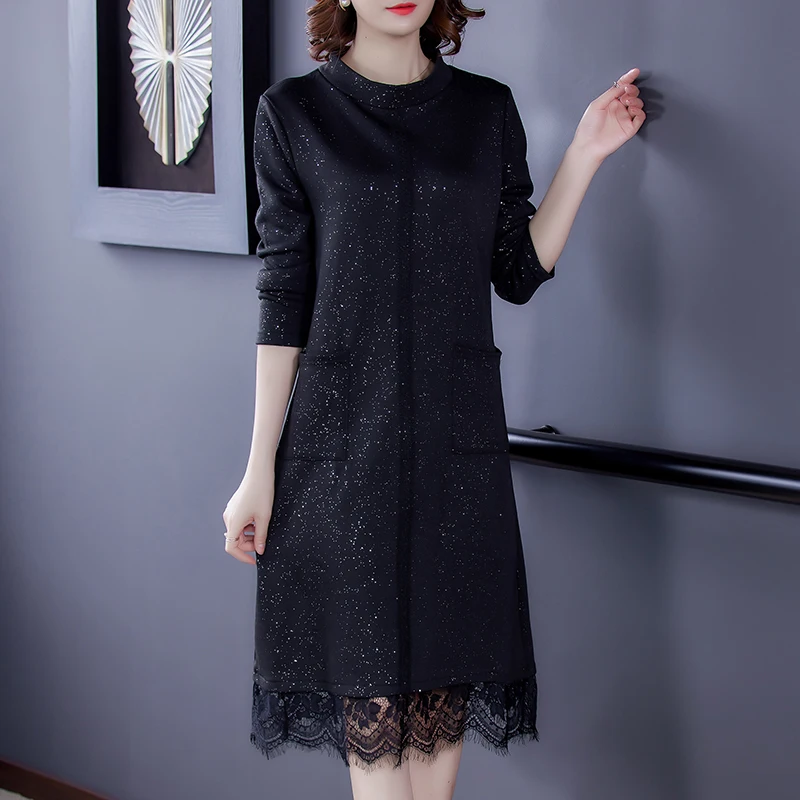 

Черное кружевное платье миди с блестками, весна 2022, винтажное платье с длинным рукавом, элегантное женское зимнее облегающее вечернее плать...
