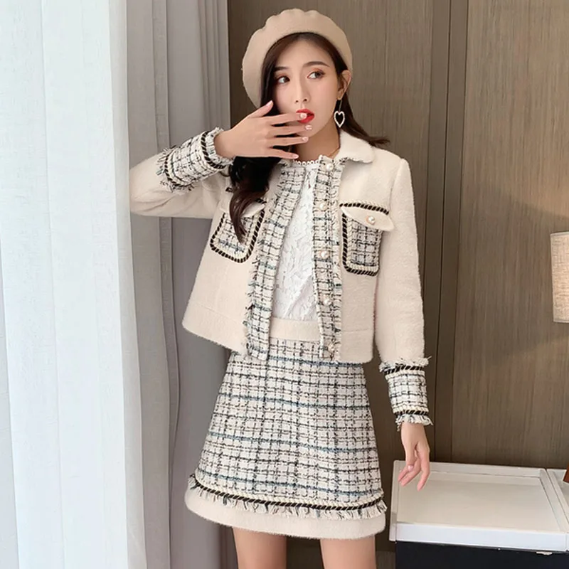 Клетчатый твидовый зимний женский комплект из 2 предметов 2019 высокое качество
