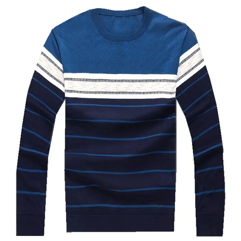 Хлопковый повседневный мужской свитер приталенный трикотажный в полоску с