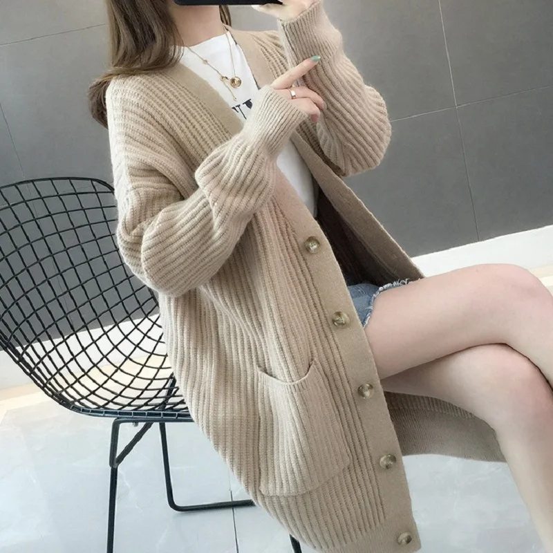 

Spring and Autumn New Vneck Sweater Cardigan Women Korean Style Sweet Fashion Loose Knitted Sweater Mid-length Coat WM-MY009