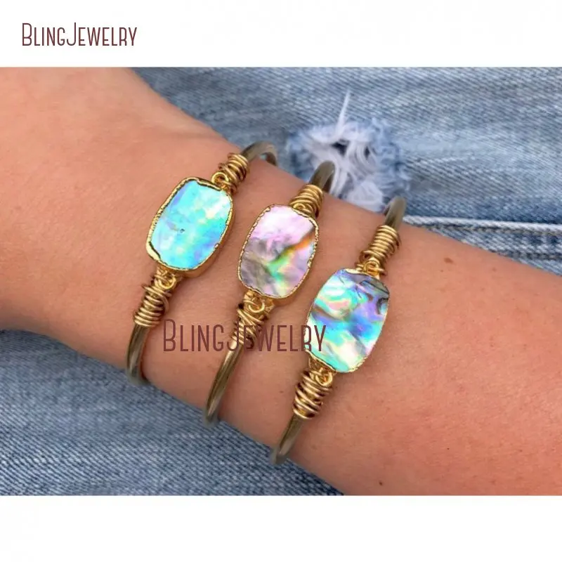 Золотой рыбья кость сырья Boho Chic Радужный Галиотис оболочки жесткий Браслет-манжета Белый полумесяц раковина Каури регулируемый браслет BM27548