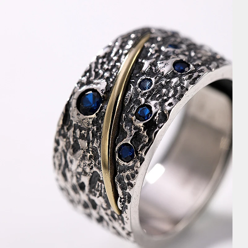 Мужские серебряные кольца PANSYSEN в винтажном стиле с голубым сапфиром|Кольца| |