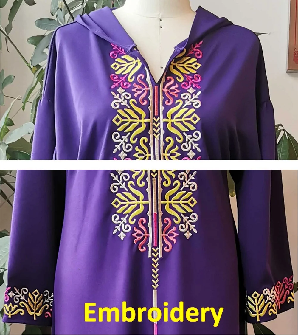 Женское длинное платье Дубай фиолетовое с вышивкой в мусульманском стиле кафтан