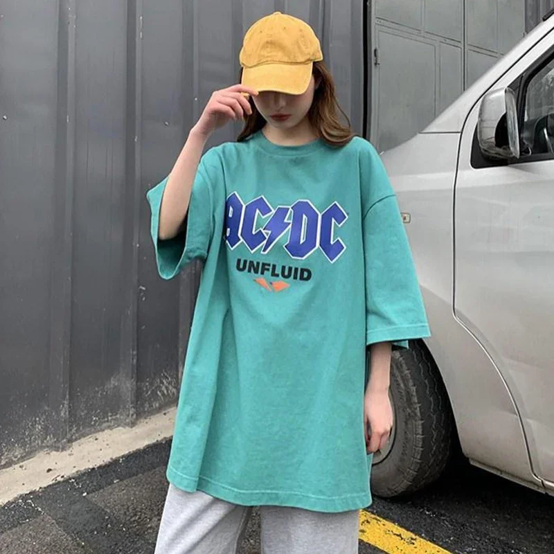 

Green Short Sleeve T-Shirt Women 2021 Summer Letter Printing Oversize Loose Street Trend Japanese Cute Cotton Tees New Arrival