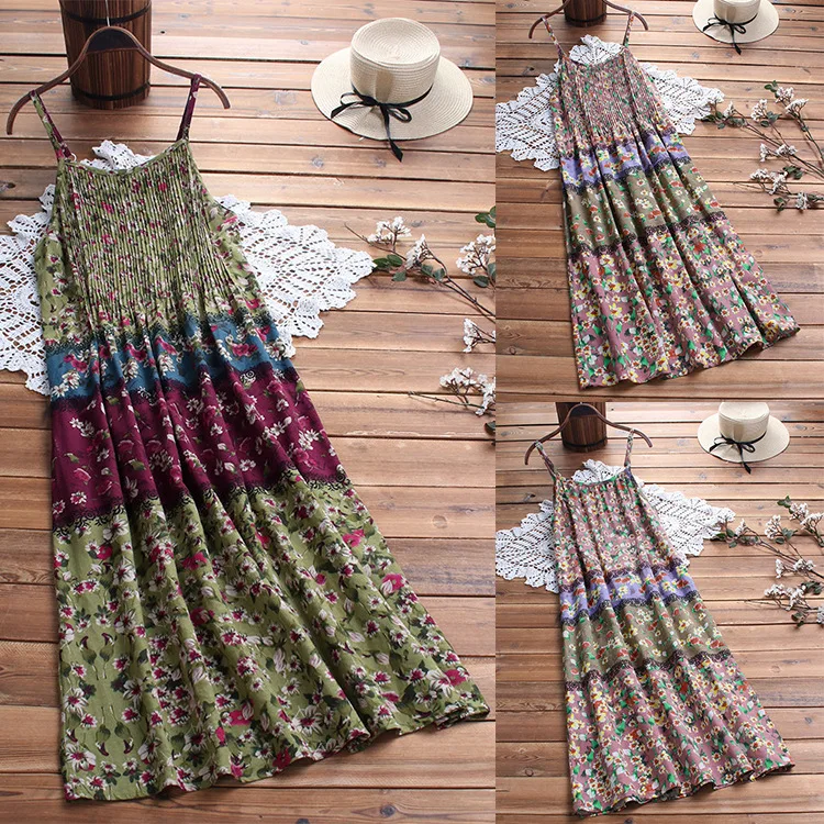 2020 летнее Новое Женское платье из хлопка и льна с цветочным рисунком миди женское