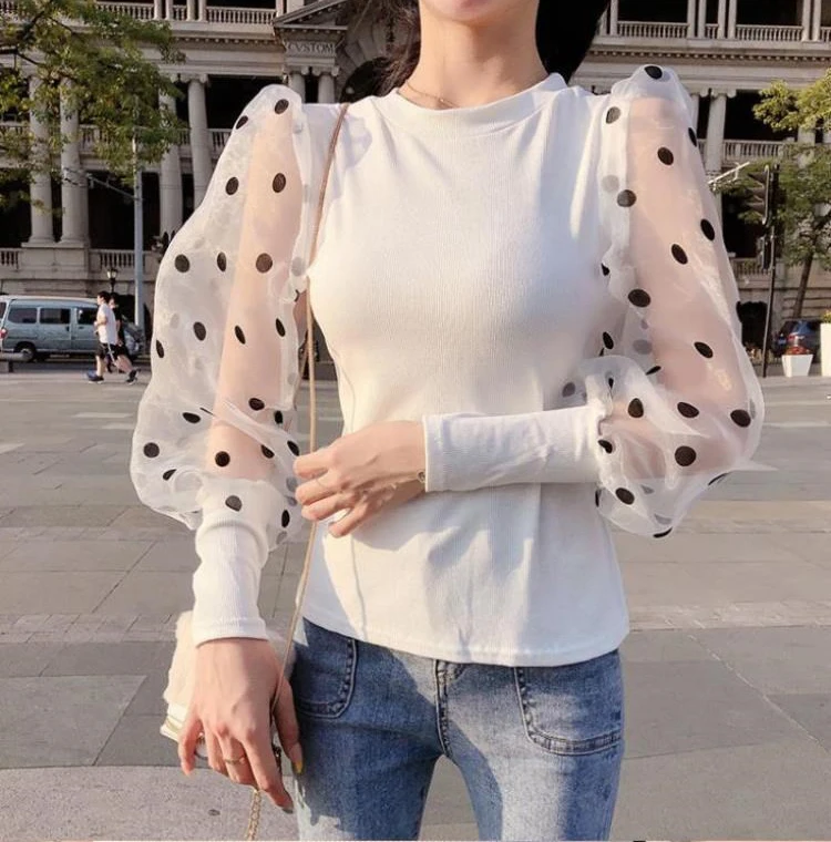 

blouse with transparent sleeves Women Sexy Patchwork knitting sweater Puff Sleeve Sexy Women Lace Blouse winter sweaters