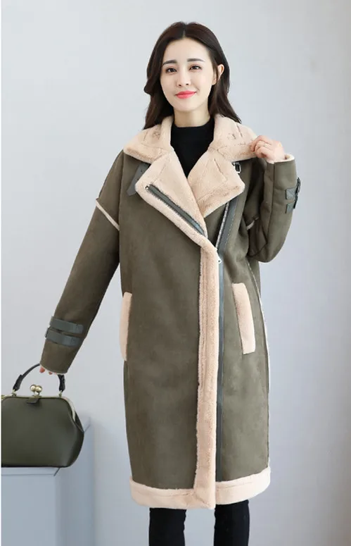 green coat Зимняя длинная замшевая кожаная женская куртка, большие размеры, Женская коричневая замшевая куртка с искусственным мехом, Женская куртка, большая женская ветровка - Цвет: green coat