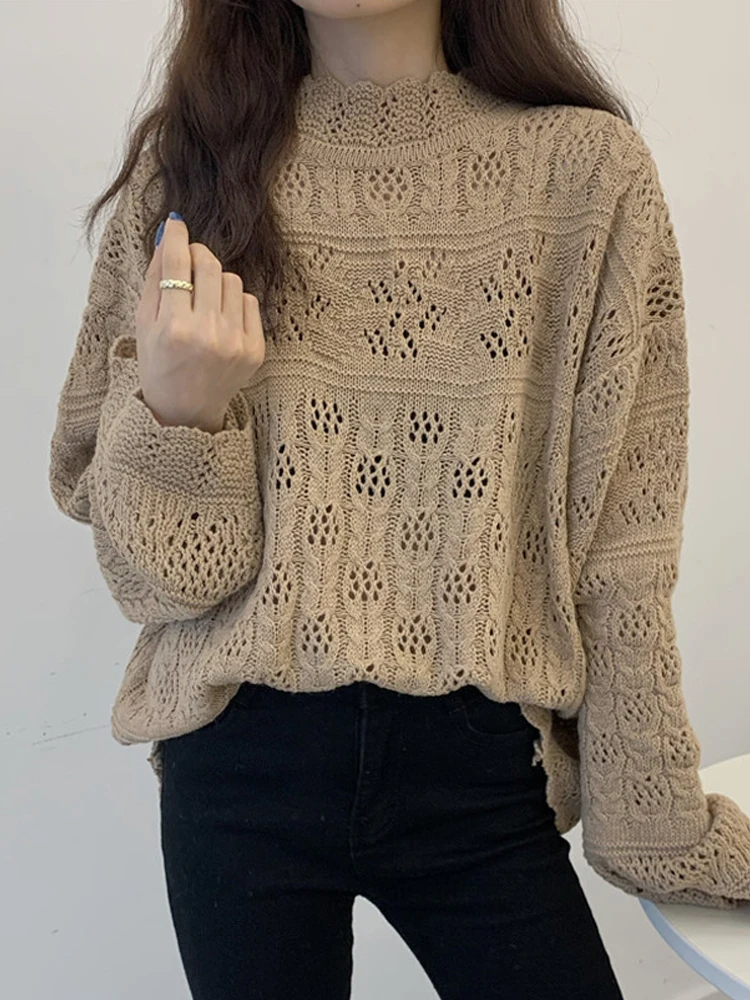 

Spring 2021 New Design Feeling Hollow Out Long Sleeve Knitted Top Women's Loose And Fashionable Sweater Trend