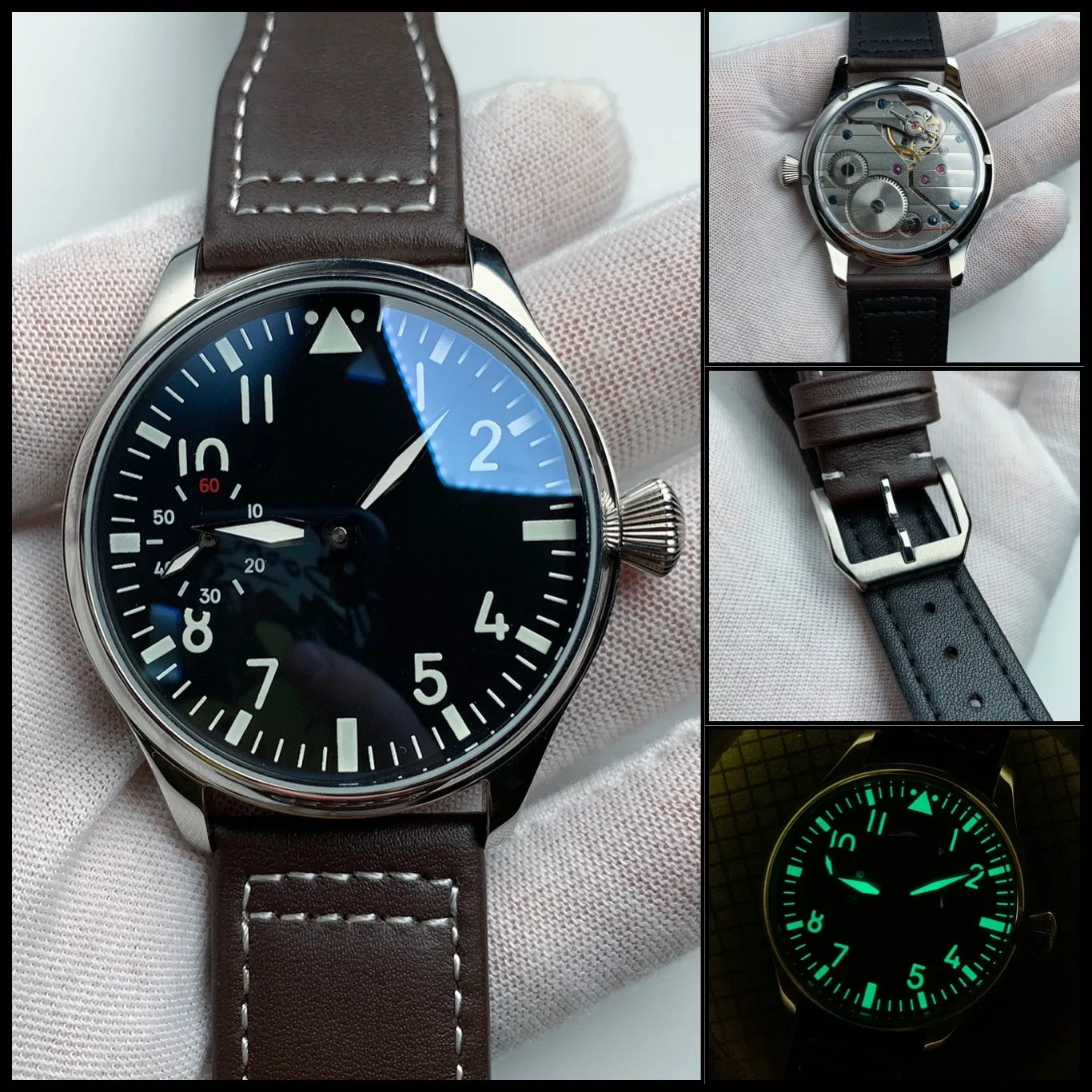 Часы наручные мужские Pilot 44 мм механические с черным циферблатом и сапфиром 17